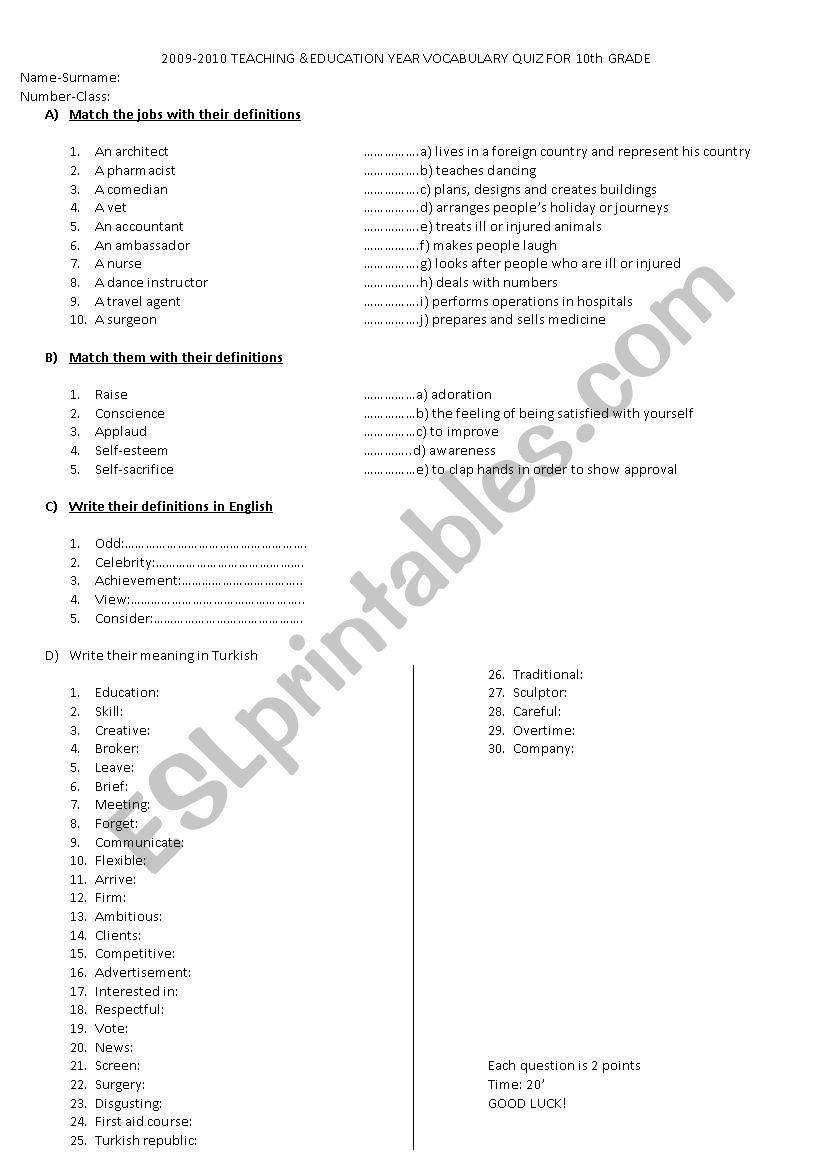 vocabulary quiz worksheet