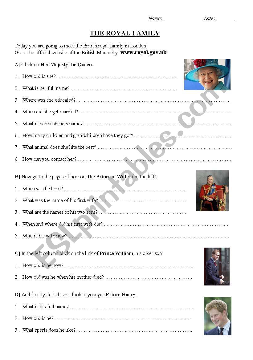 British royal family worksheet