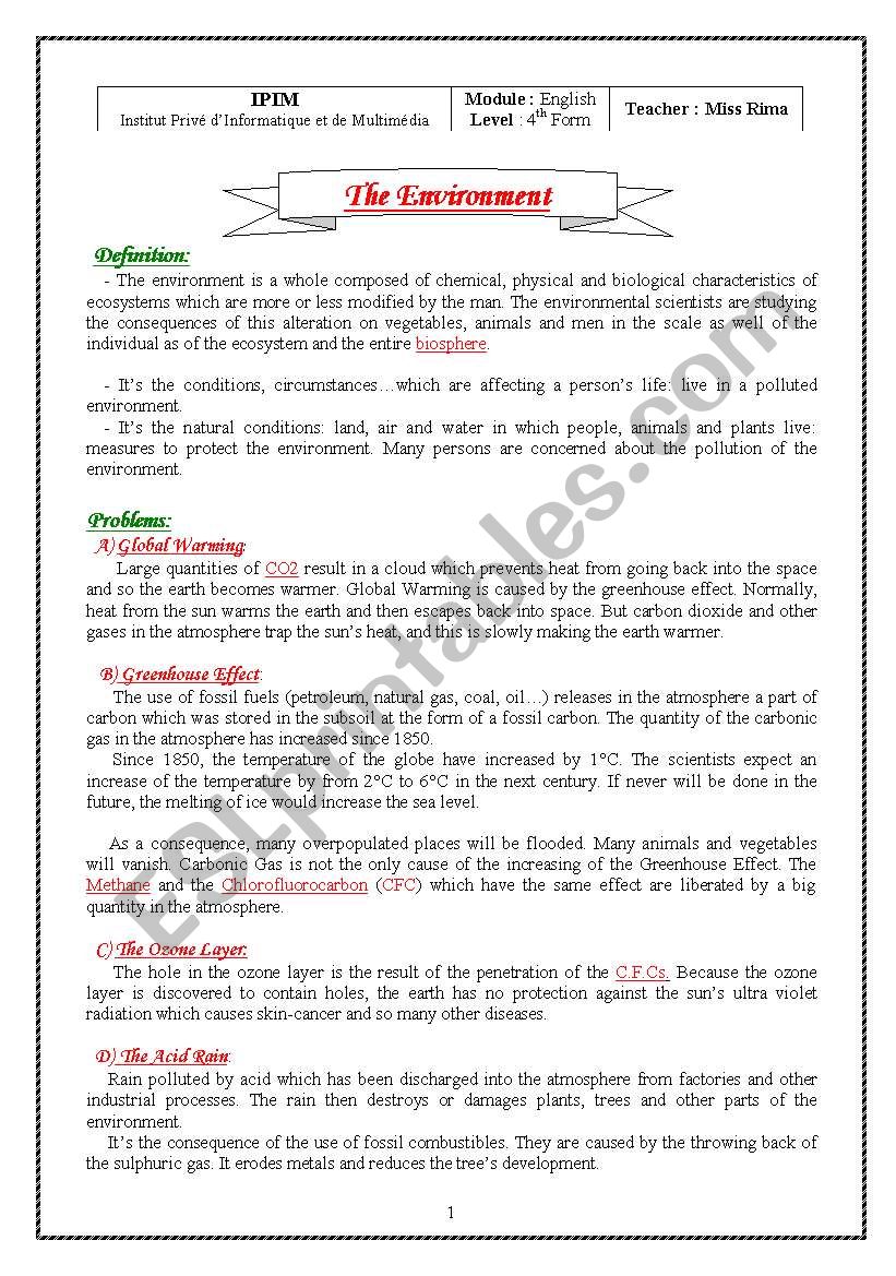 The Environment worksheet