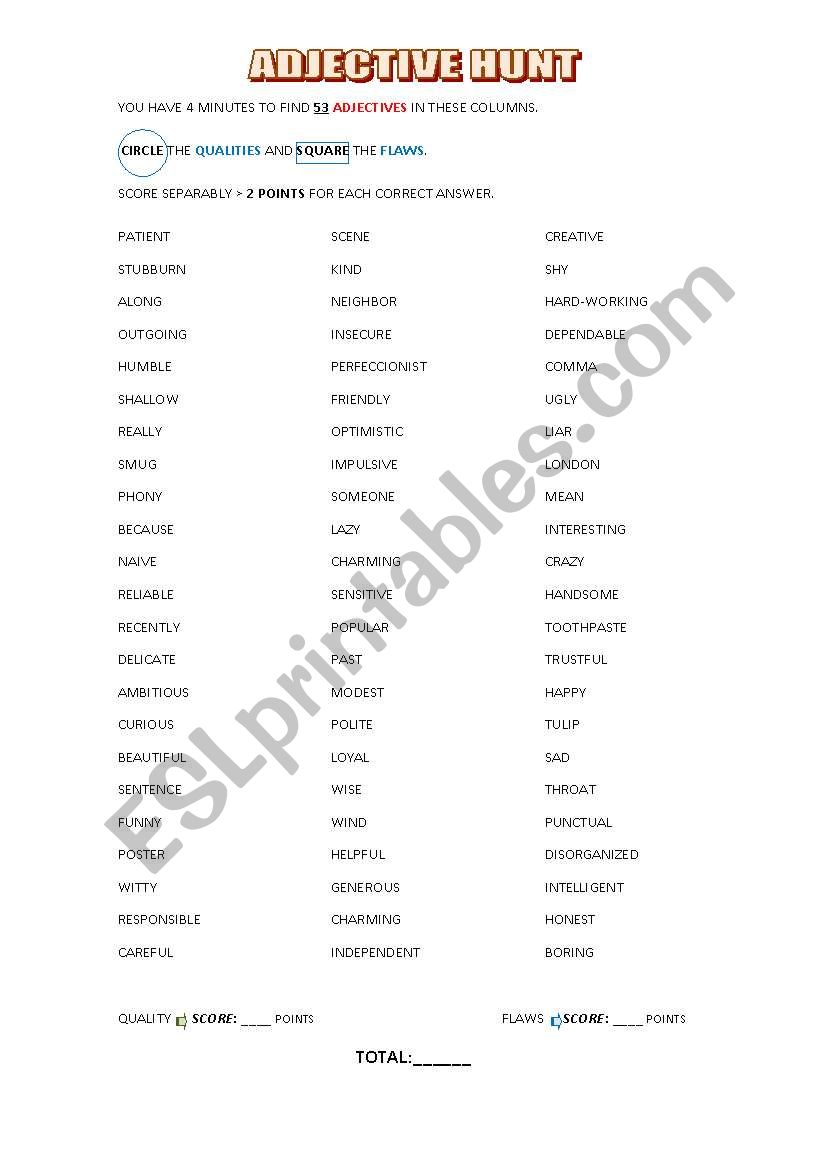 Adjetive Hunt worksheet