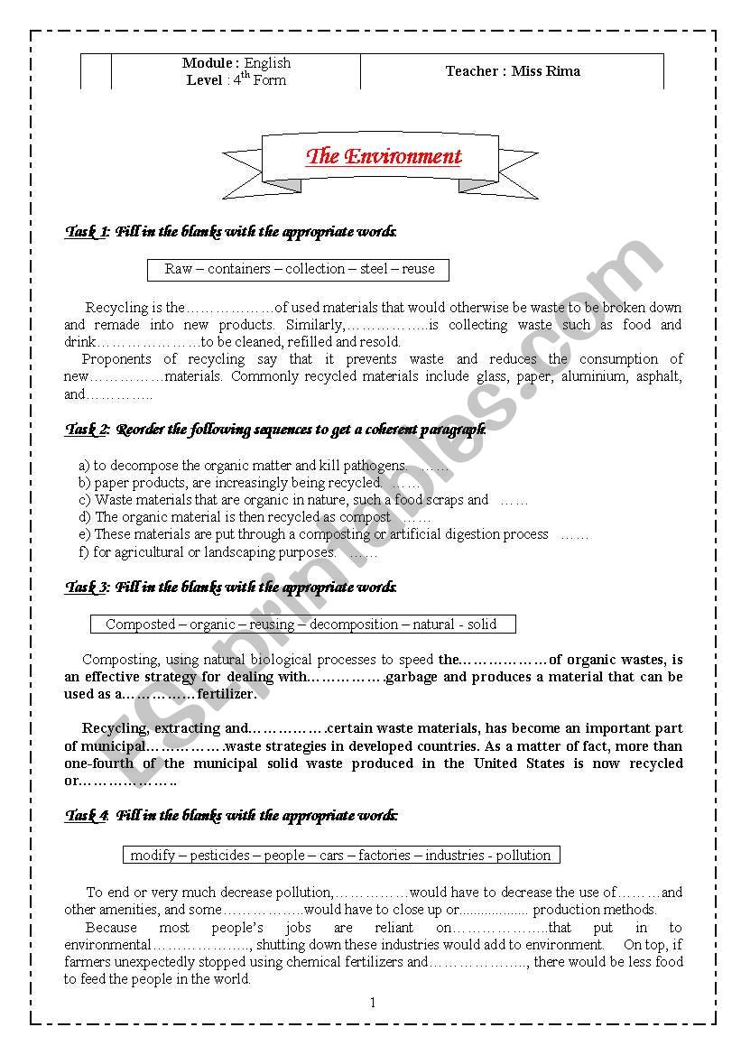 The Environment (Exercises) worksheet