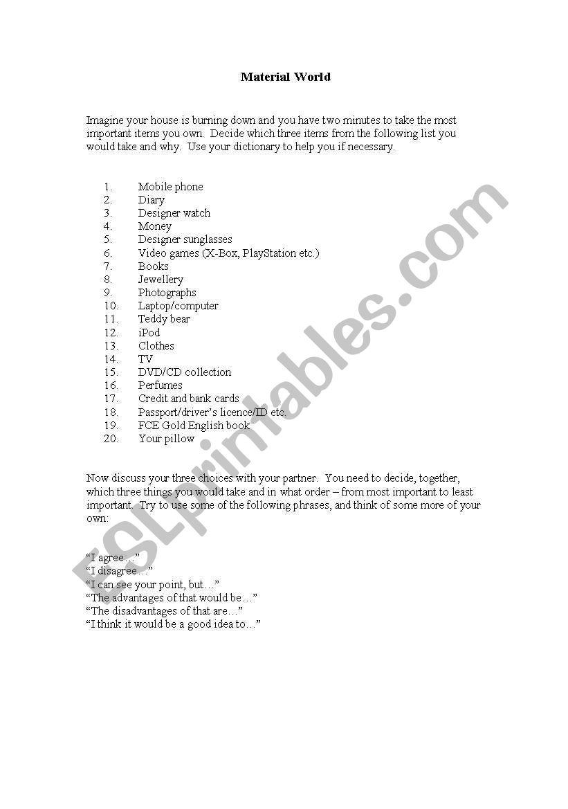 Material World worksheet