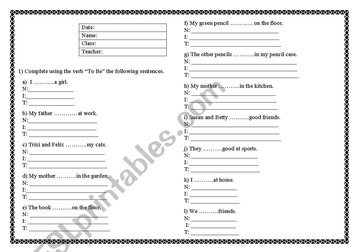 verb to be worksheet