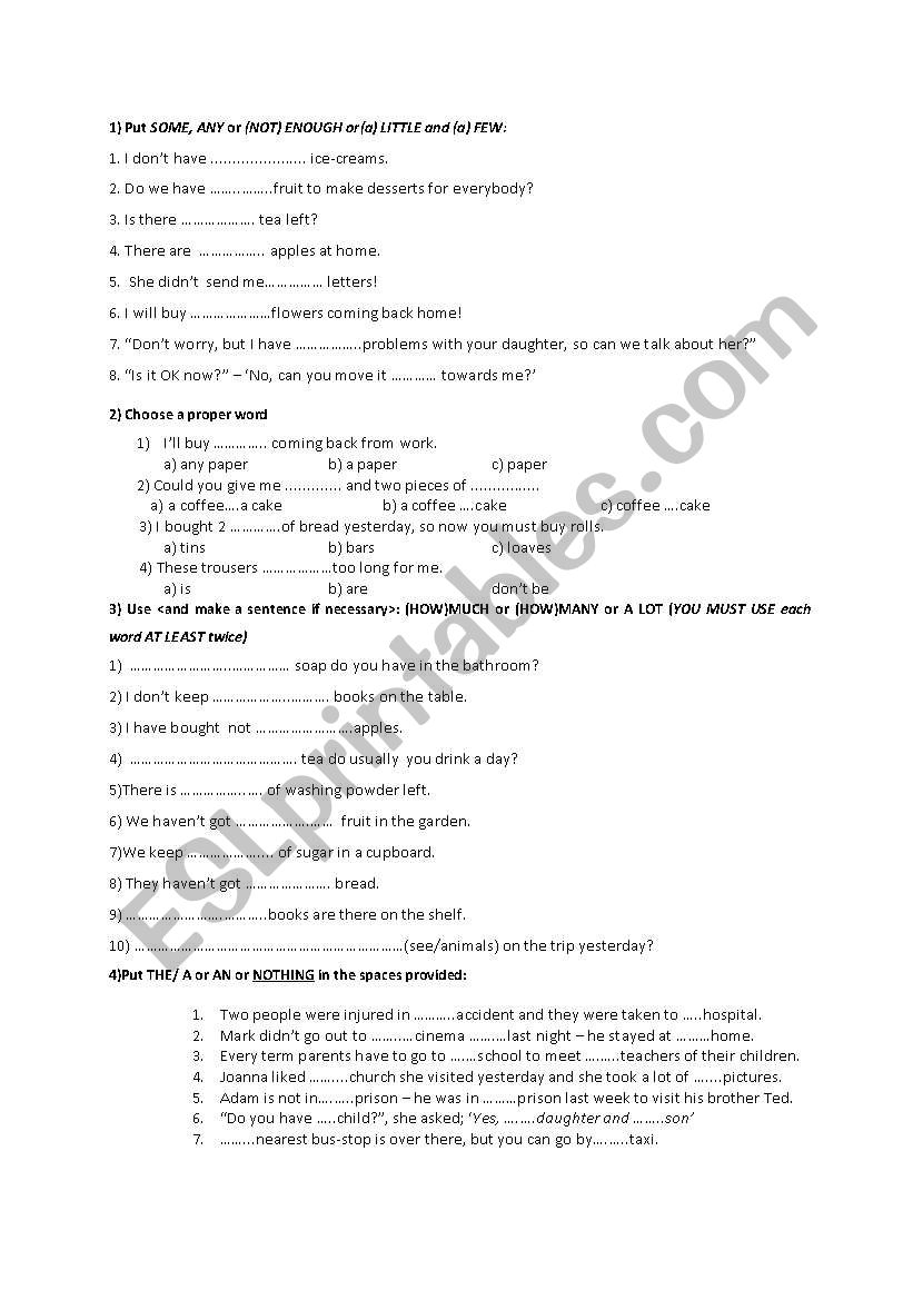 MUCH, MANY, etc and articles worksheet