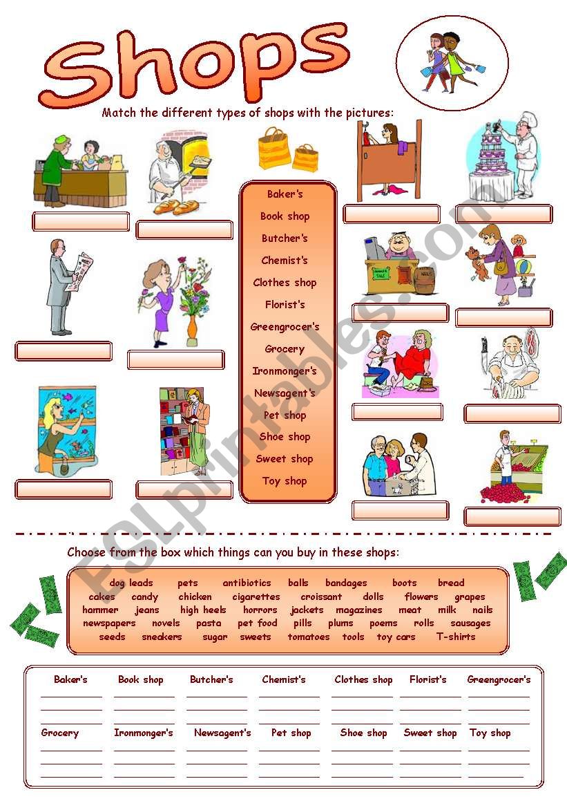 Types of shops worksheet