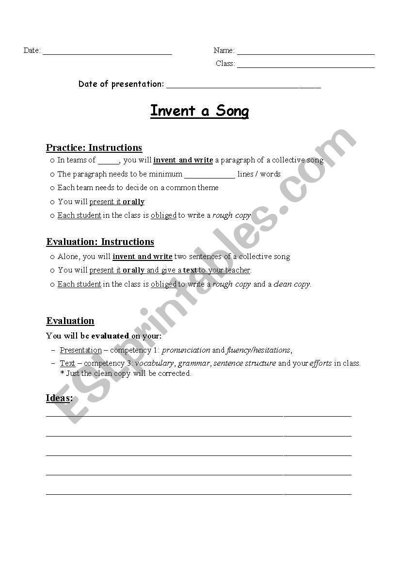 Invent a Song worksheet