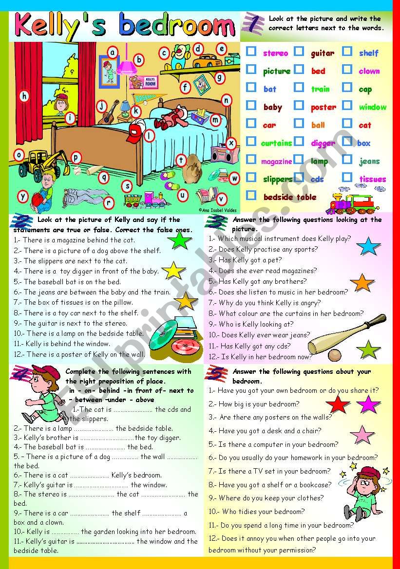 KELLYS BEDROOM -  PREPOSITIONS OF PLACE AND ANSWERING QUESTIONS (B&W VERSION INCLUDED)