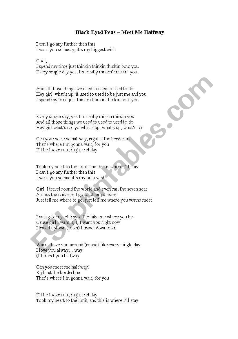 Meet Me Halfway Black Eyed Peas übersetzung Black Eyed Peas- ´Meet Me Halfway´ - ESL worksheet by THEHUGENUGE