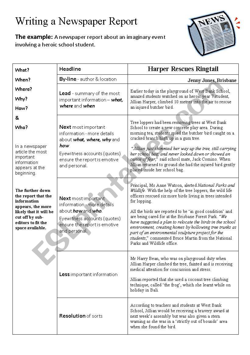 Writing a Newspaper Report worksheet