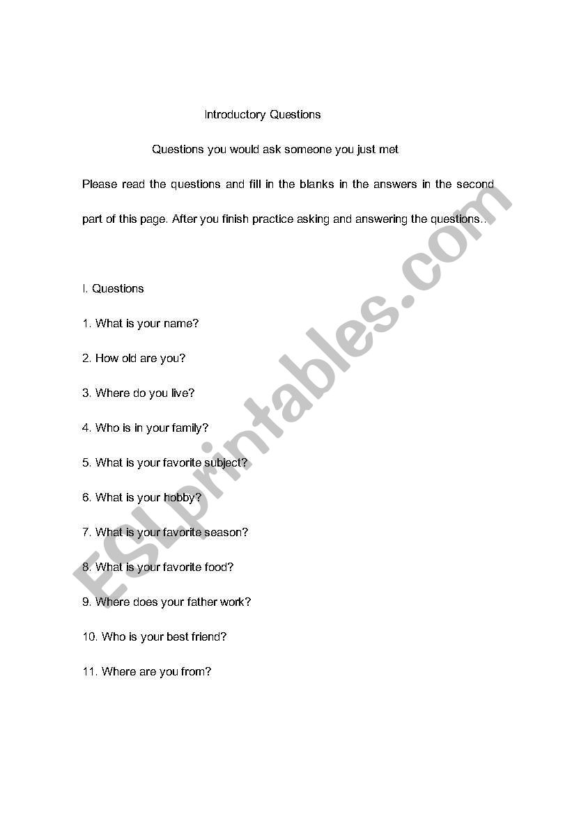 Introductory Questions worksheet