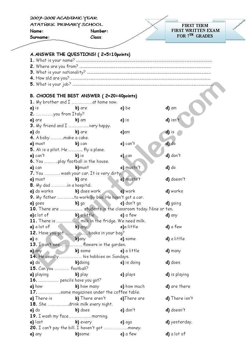 general test worksheet