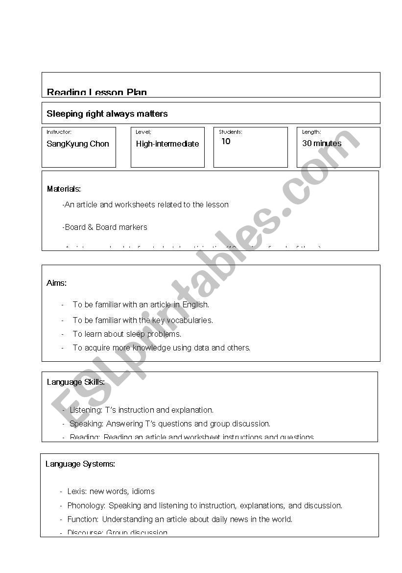 reading lesson plan worksheet