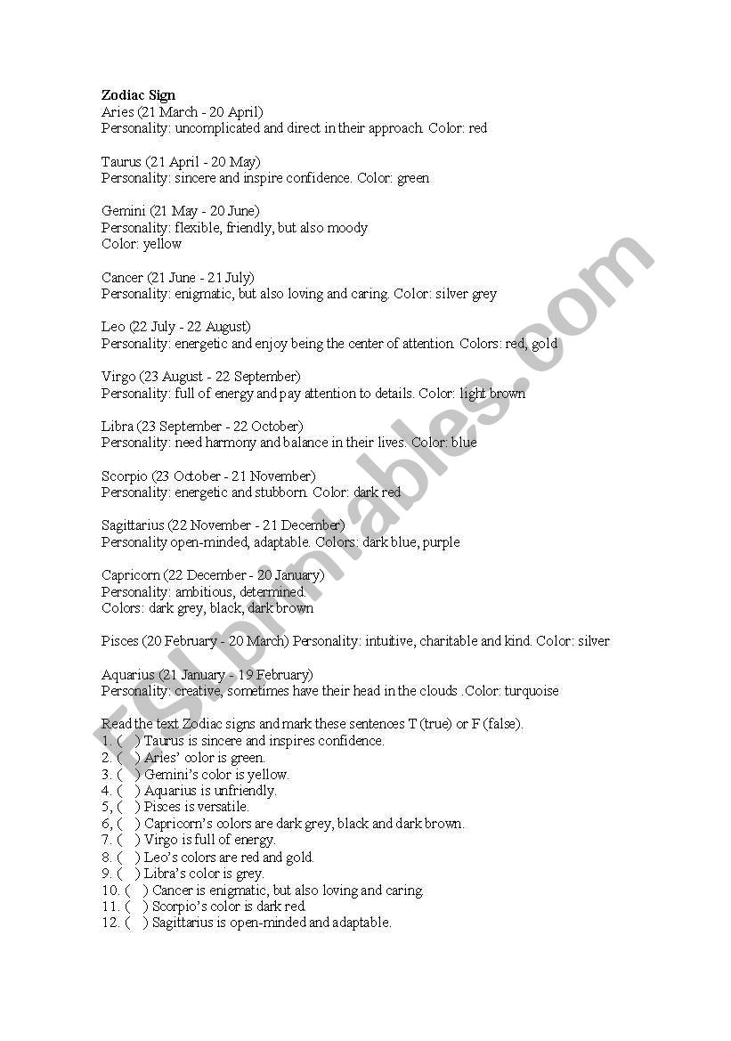 Zodiac worksheet