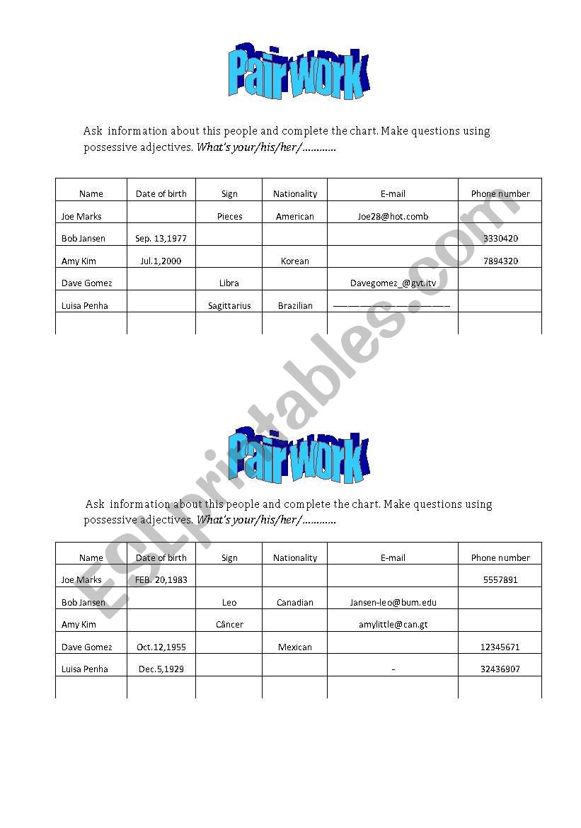 Personal information pair work