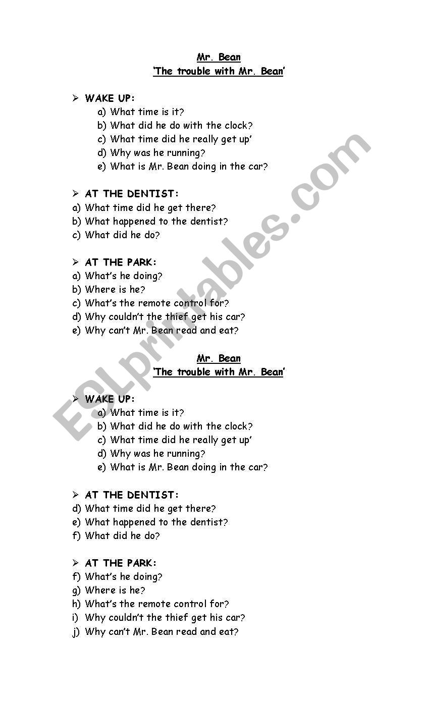 Mr Bean worksheet