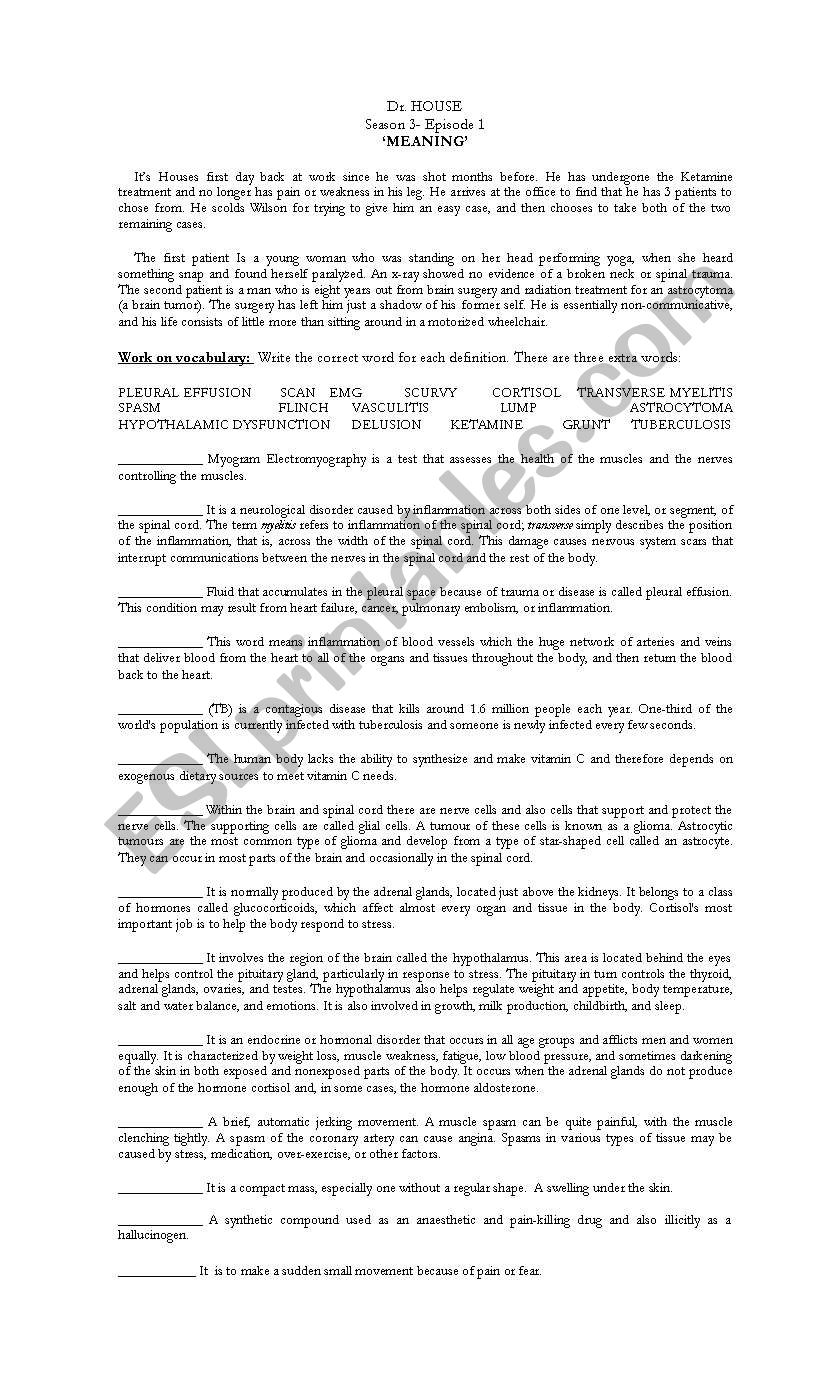 Dr House. Season 3. Episode 1 worksheet