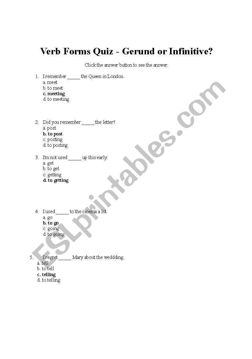 Gerun or Infinitive worksheet