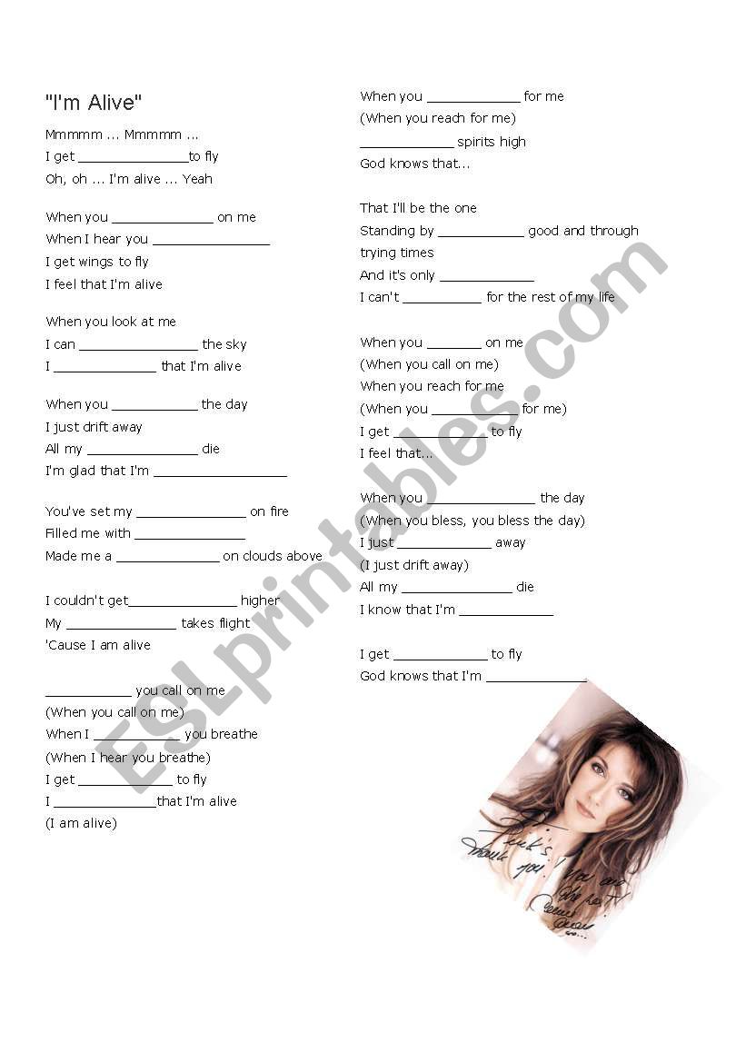 I am alive -Celine Dion worksheet