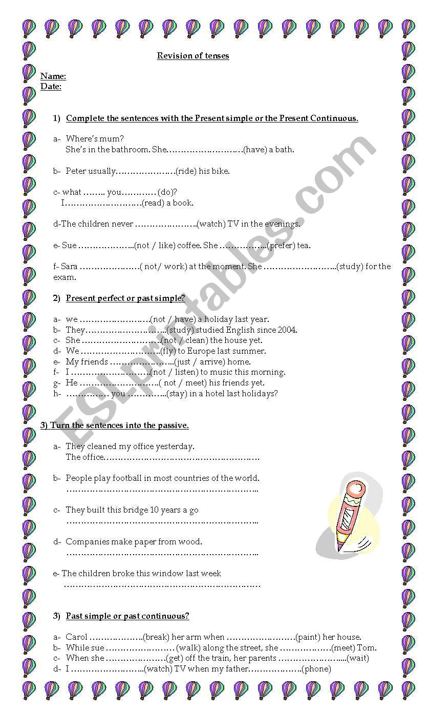 Revision of tenses worksheet