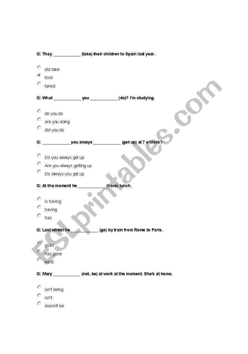 tenses test worksheet