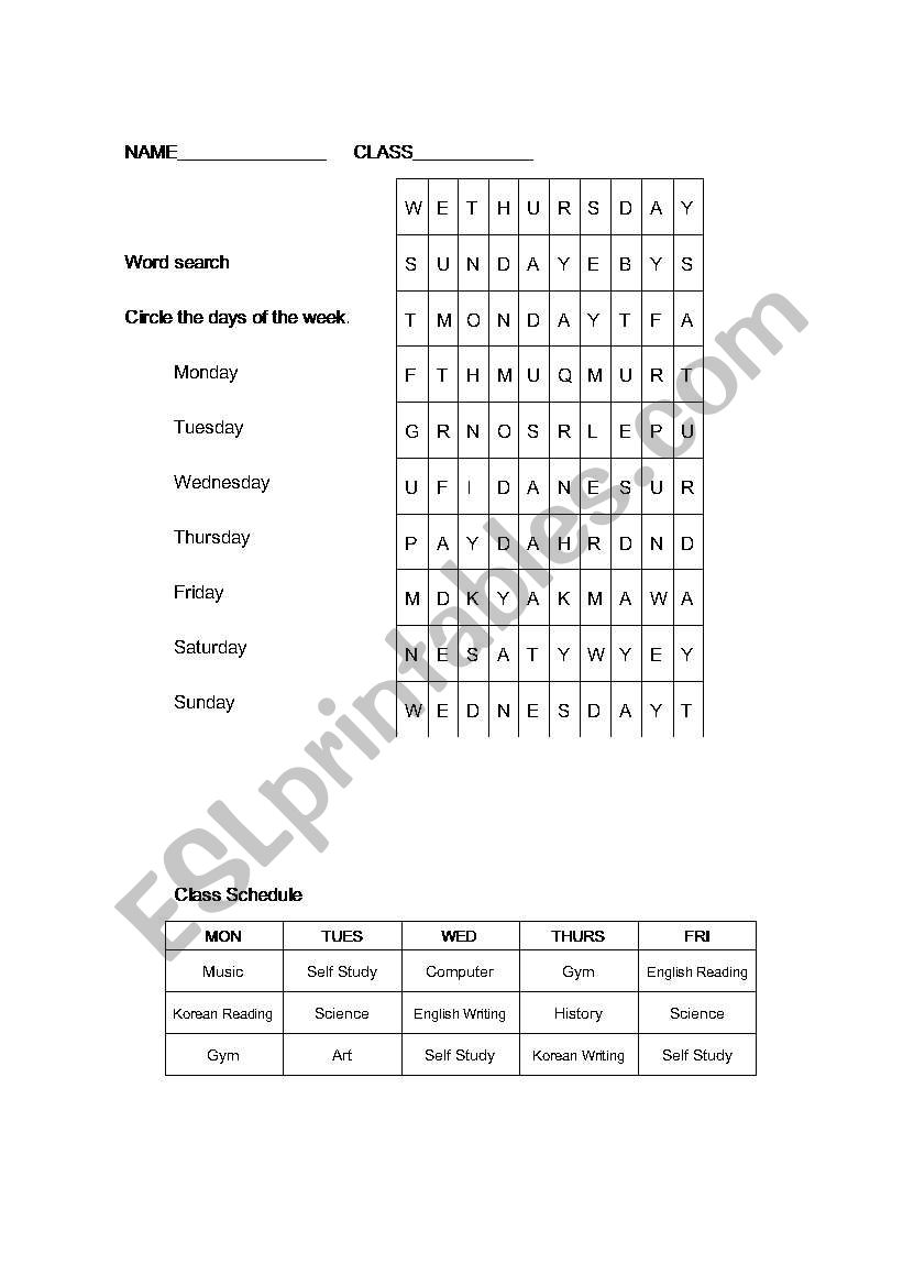 days of the week and class schedule