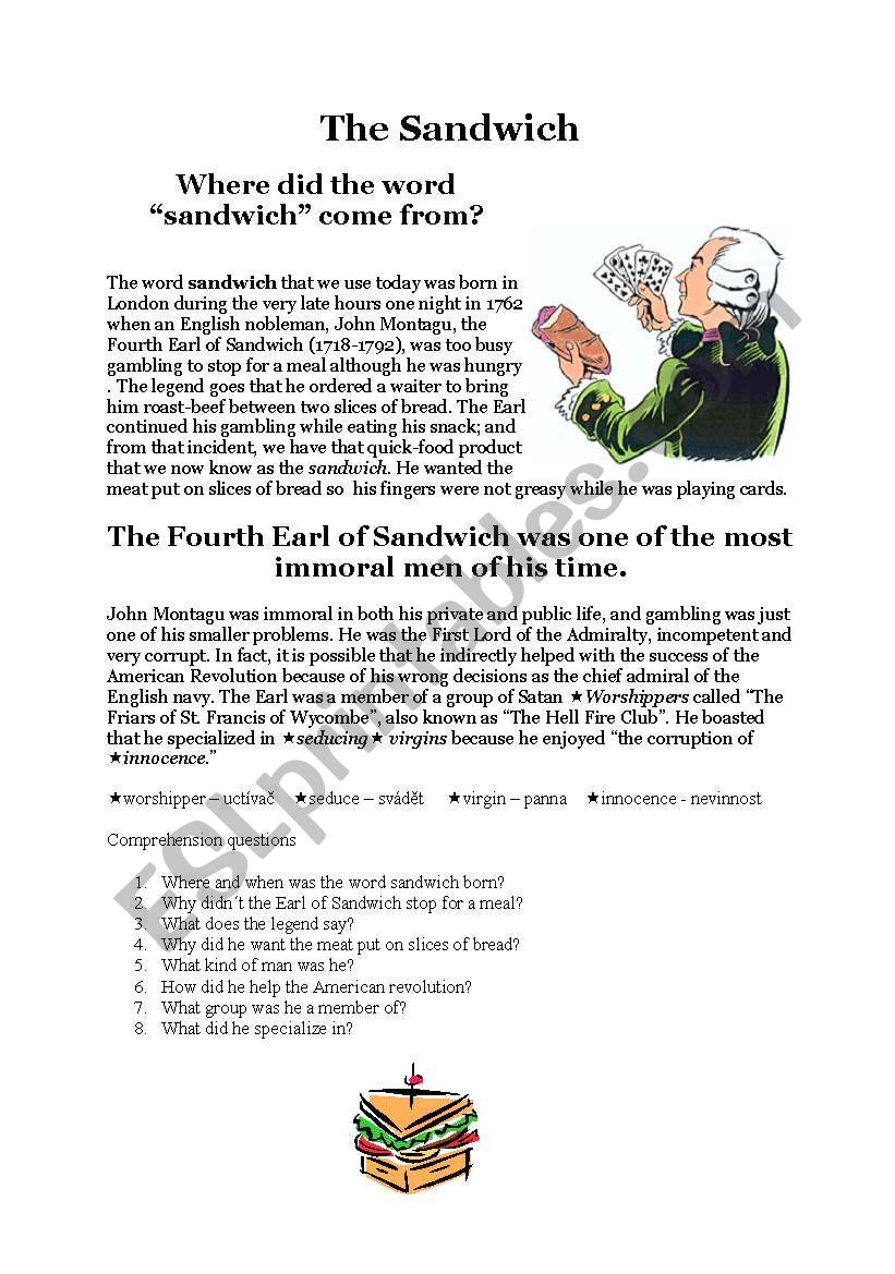 History of the sandwich worksheet