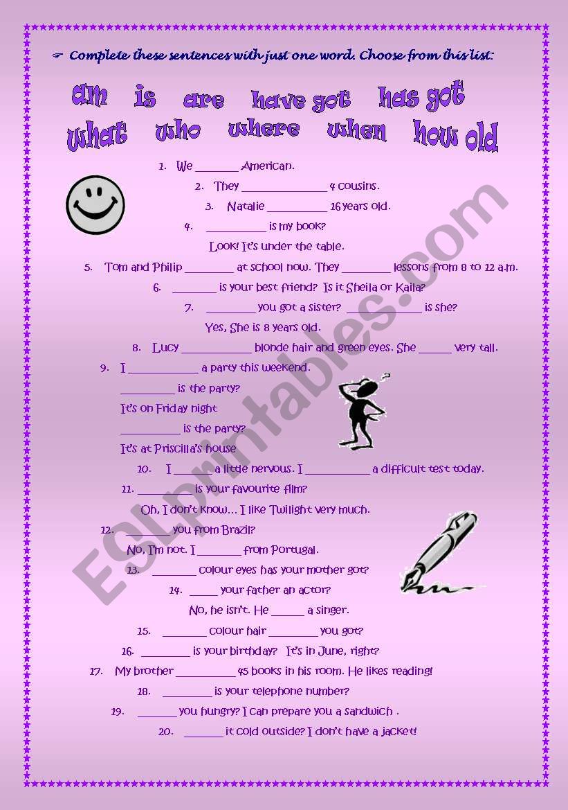 Complete with one word worksheet