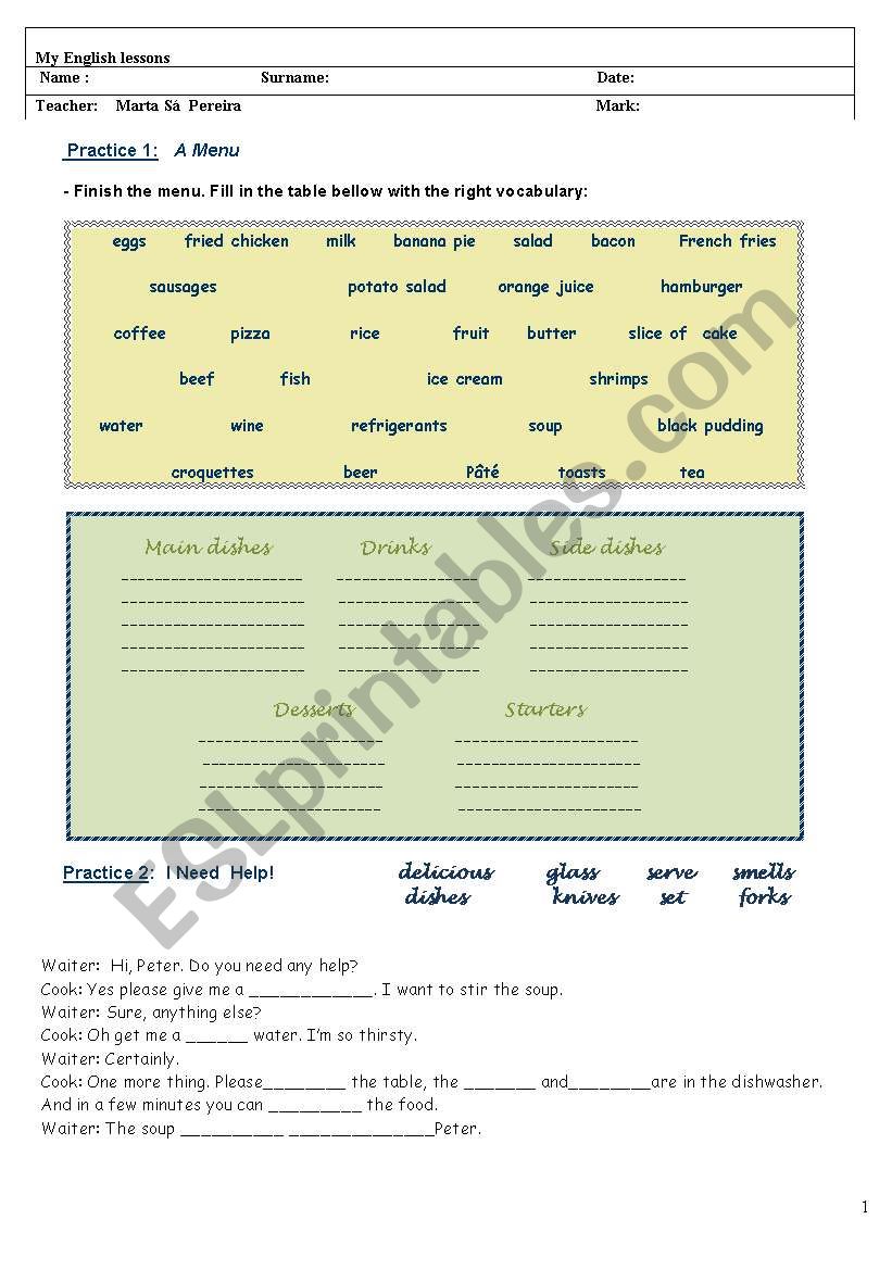 A menu worksheet