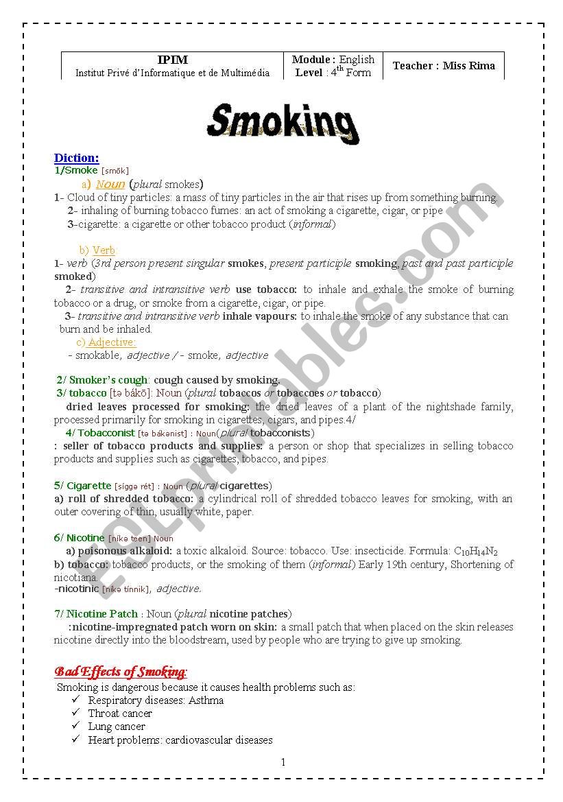 Smoking worksheet