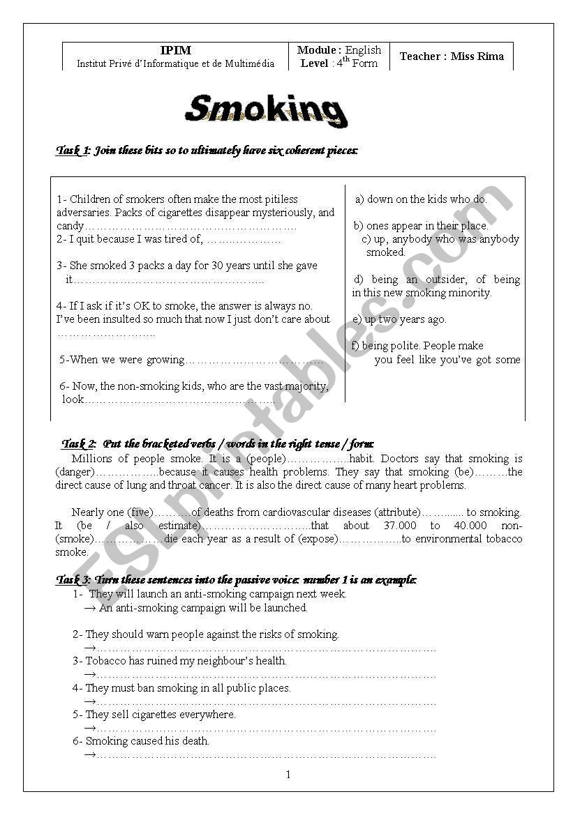 Smoking (Exercises) worksheet