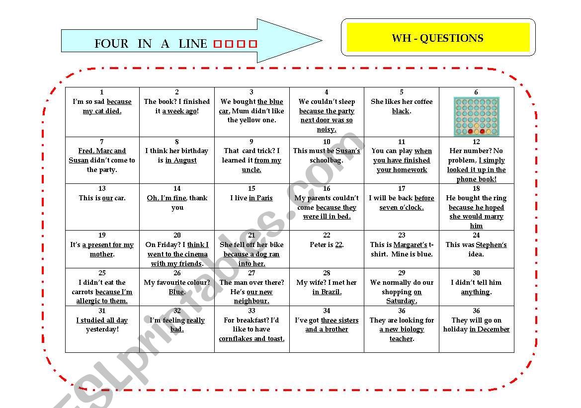 Four in a Line _4_  WH-questions   (~~~GAME~~~)