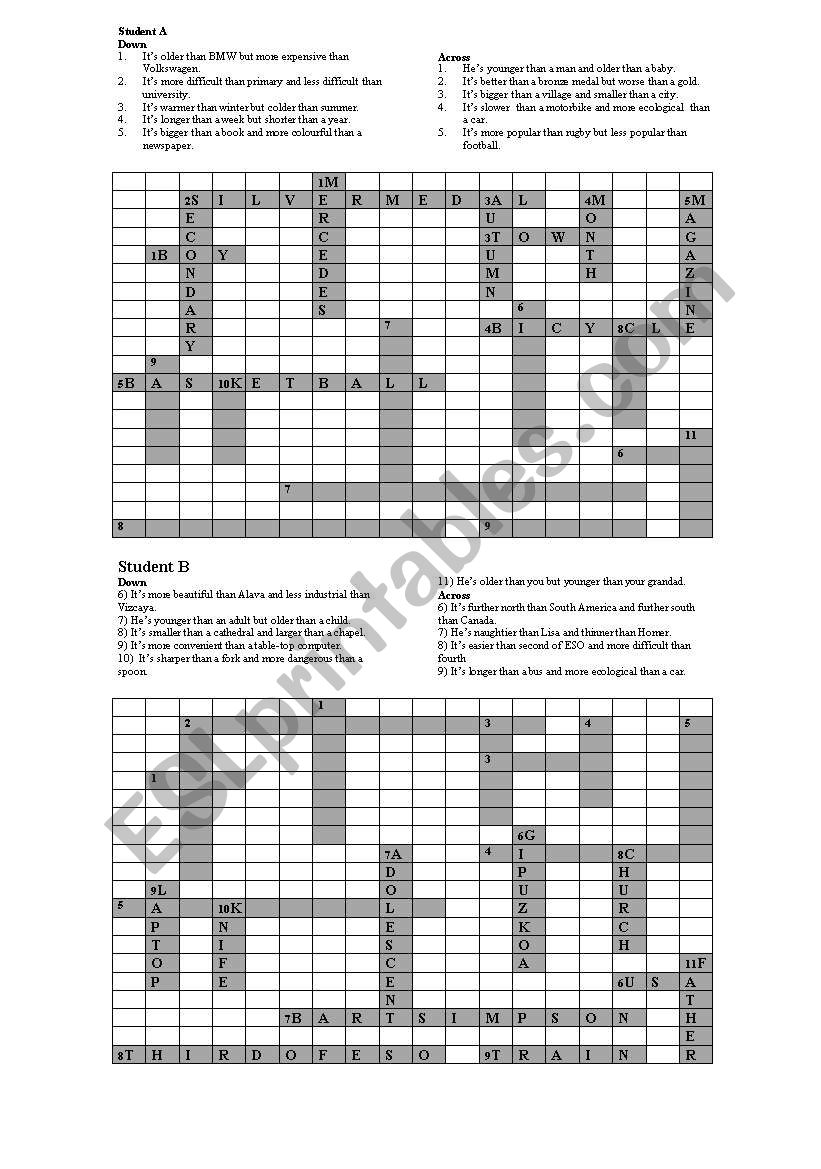 Comparative Crossword worksheet