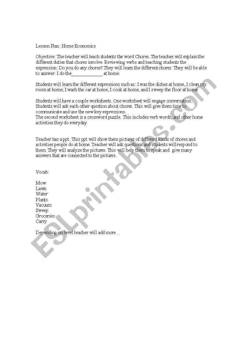 home economics lesson plan worksheet