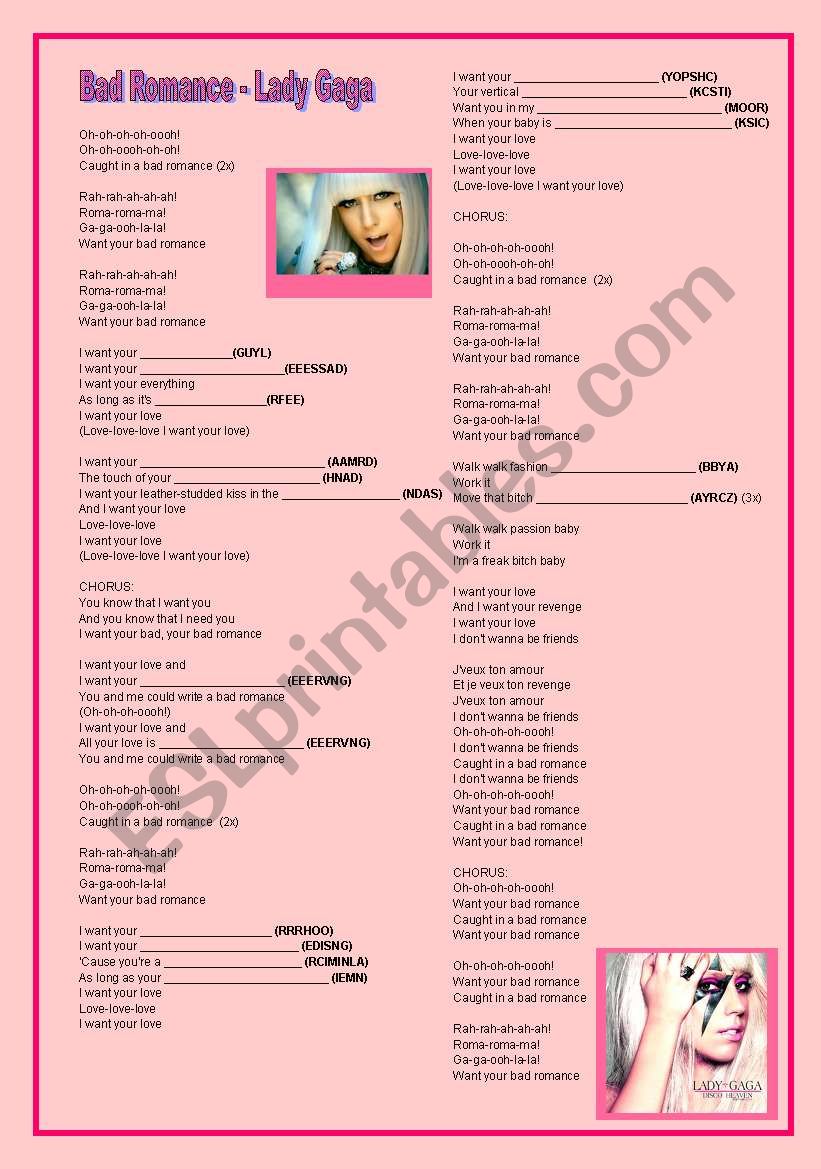 Bad Romance - Lady Gaga worksheet