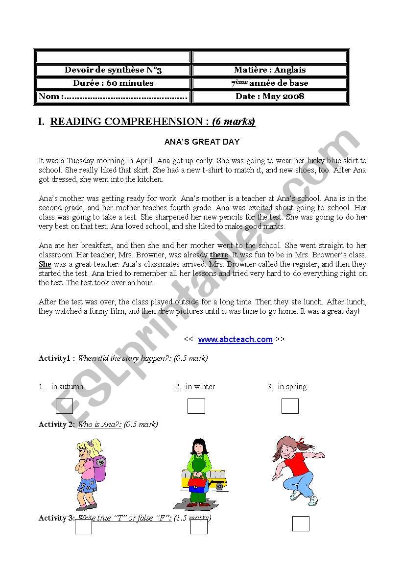 end of term test 7th form worksheet