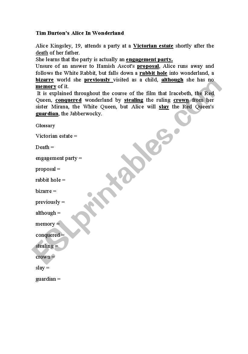 Alice in Wonderland worksheet