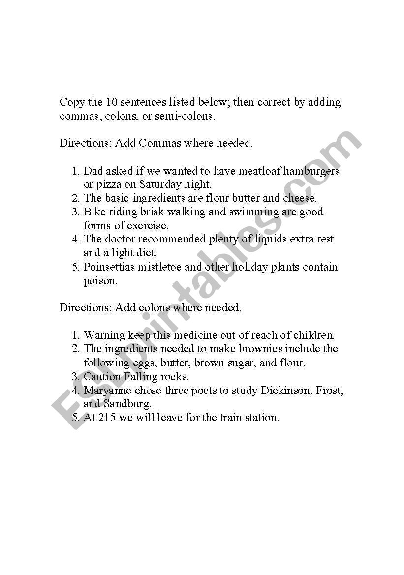 Commas worksheet