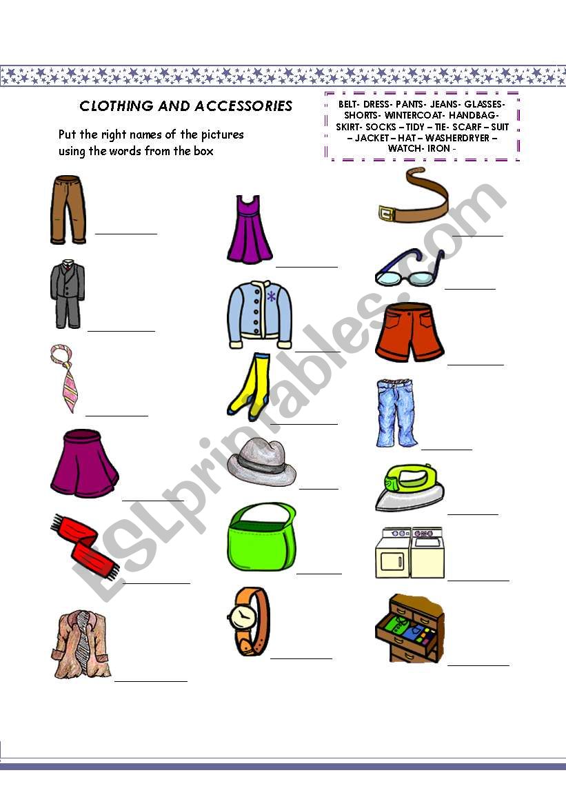 Clothing and accessories worksheet