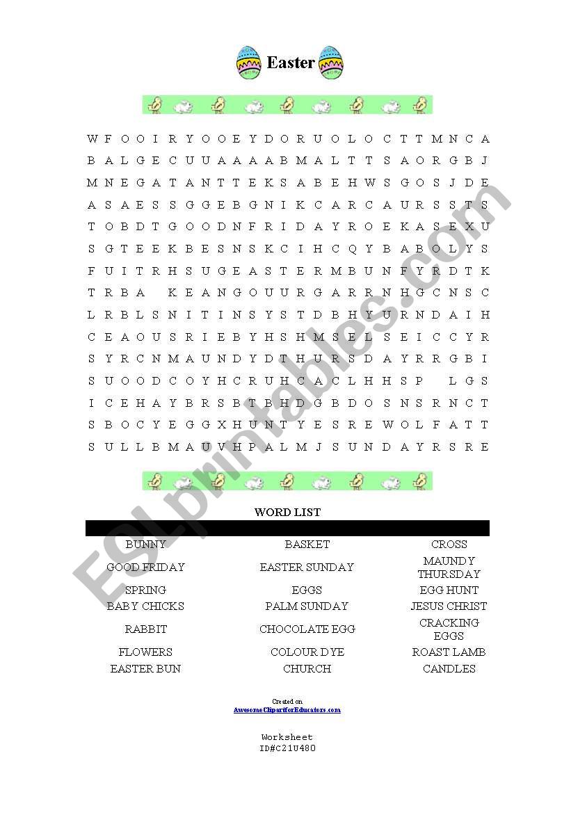 Easter wordsearch worksheet