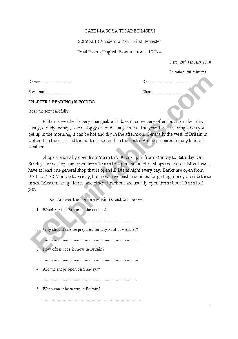 occupational exam worksheet