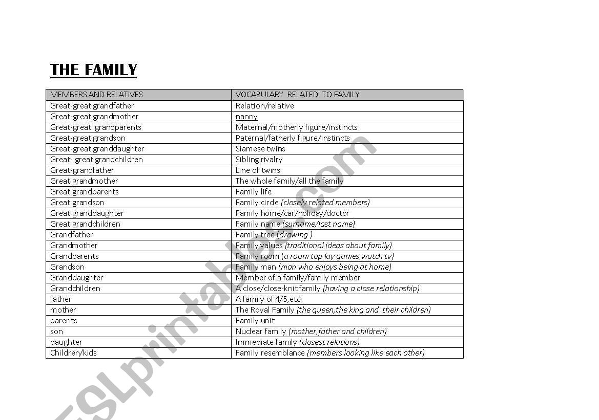 the family- vocabulary worksheet