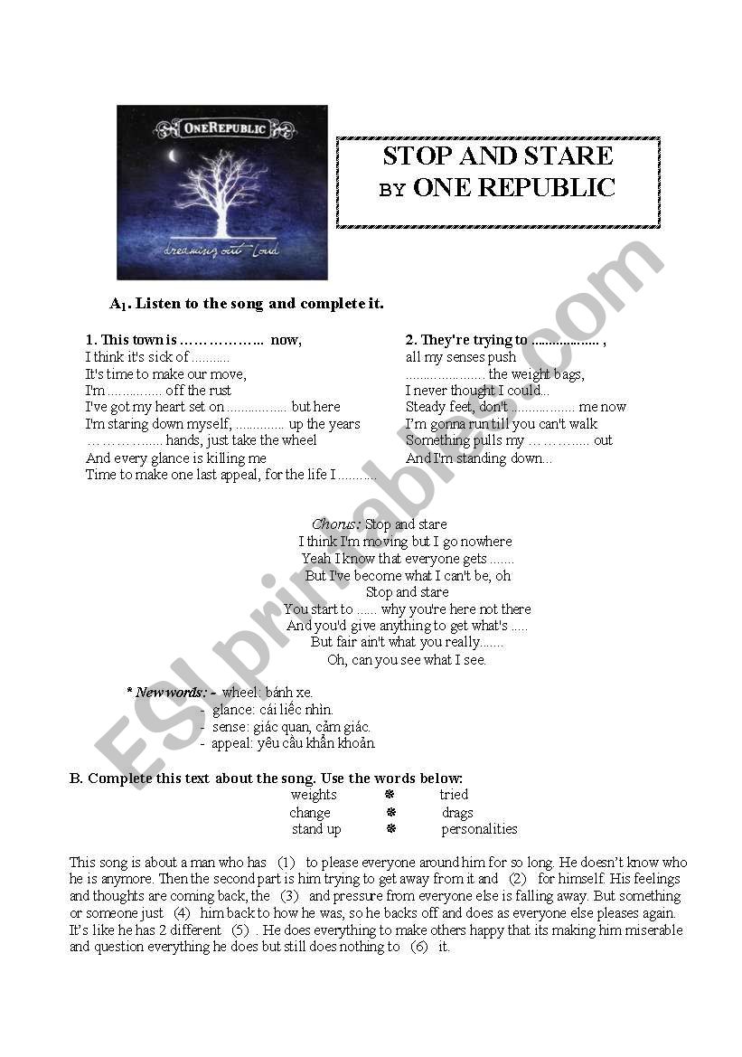 song stop and stare worksheet