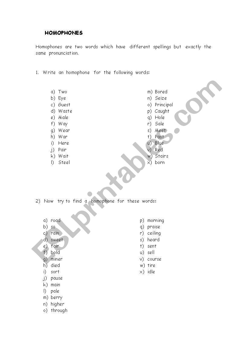 homophones worksheet