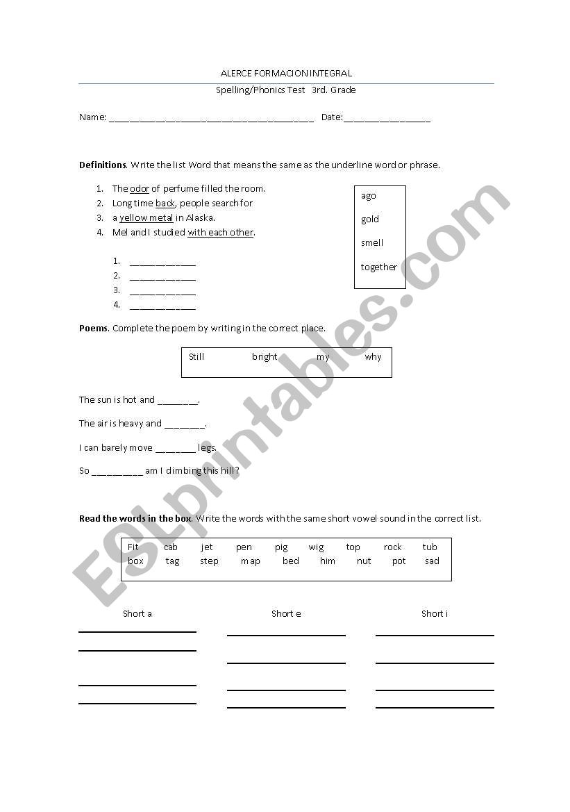 SPELLING TEST worksheet