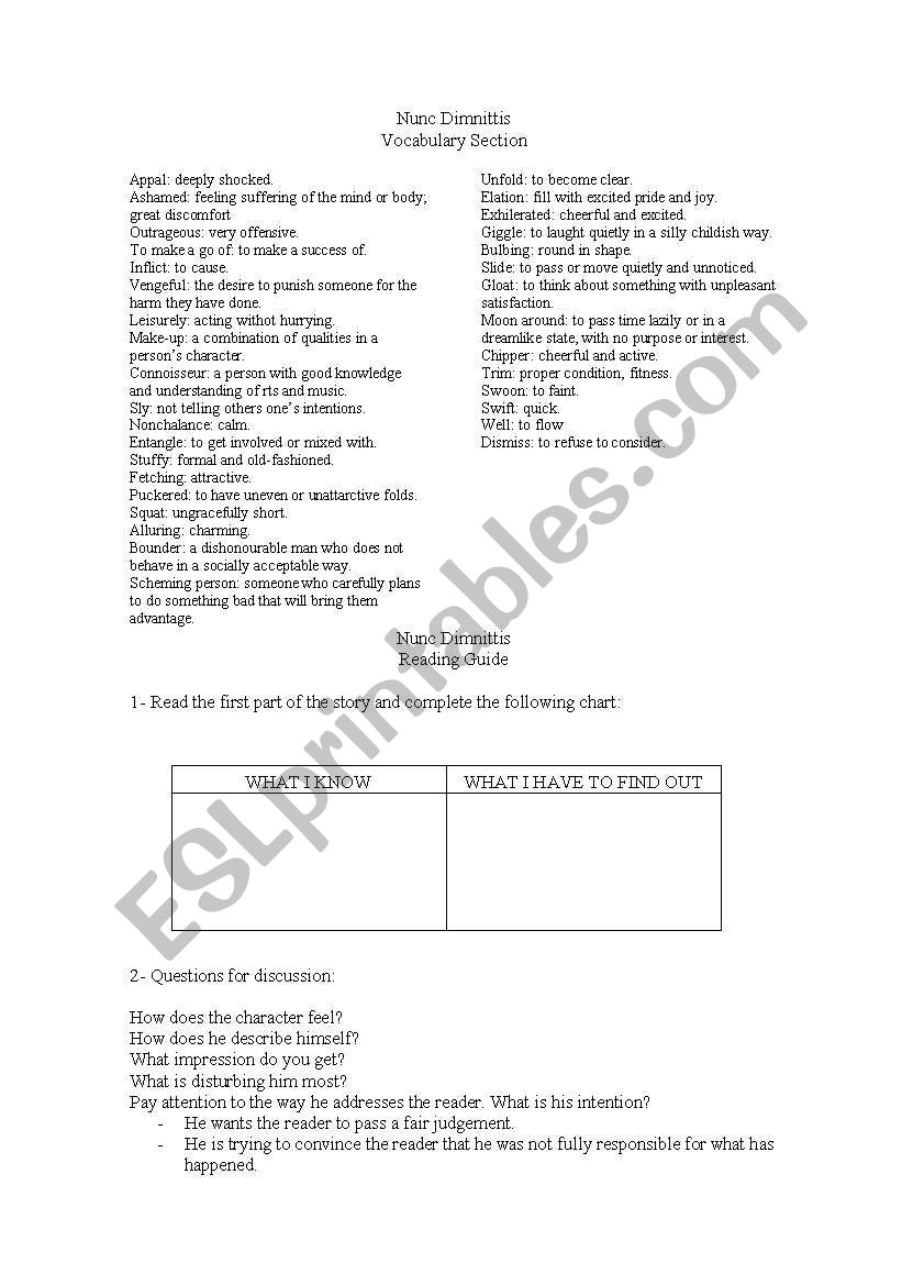 Nunc Dimmitis Roald Dahl worksheet