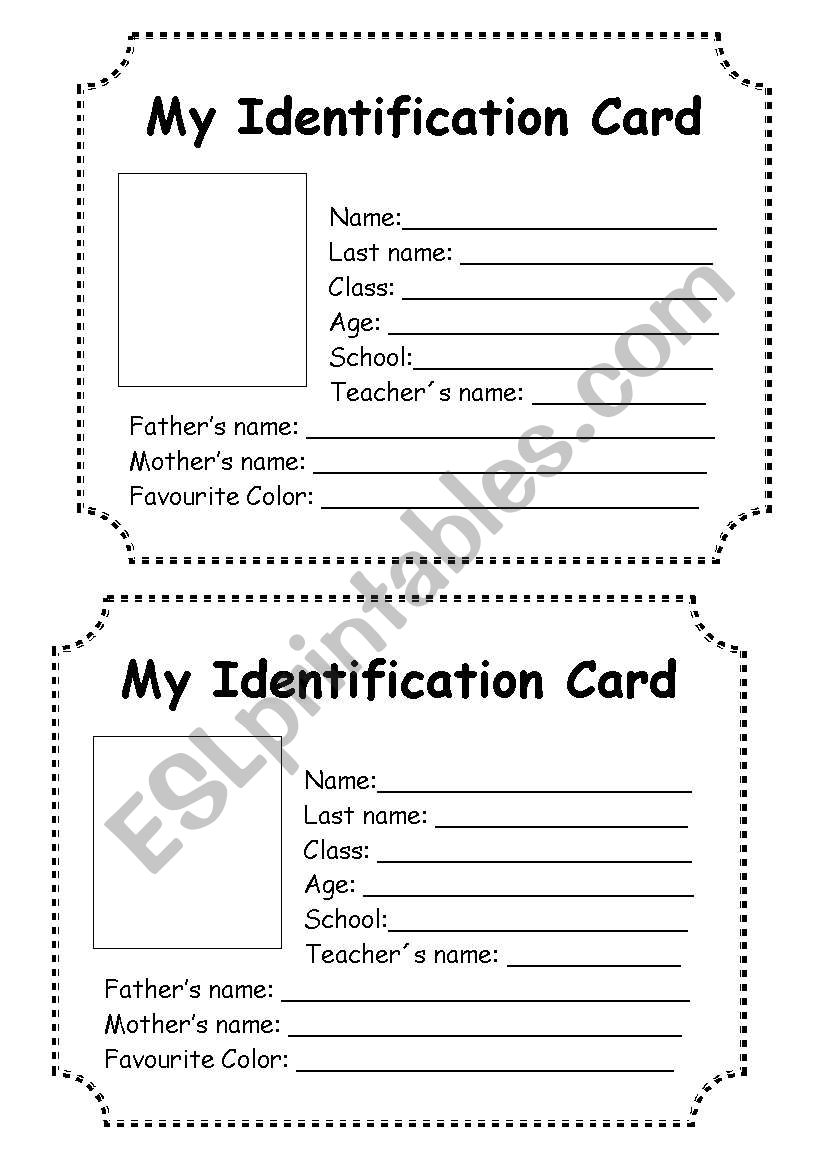 My identification card worksheet