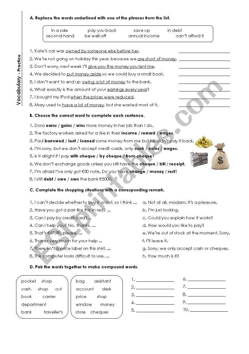 Money - Vocabulary Worksheet worksheet