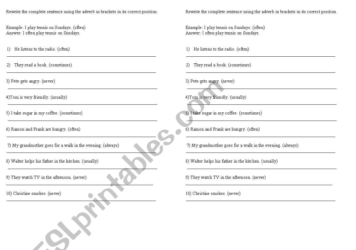 Frequency adjectives worksheet