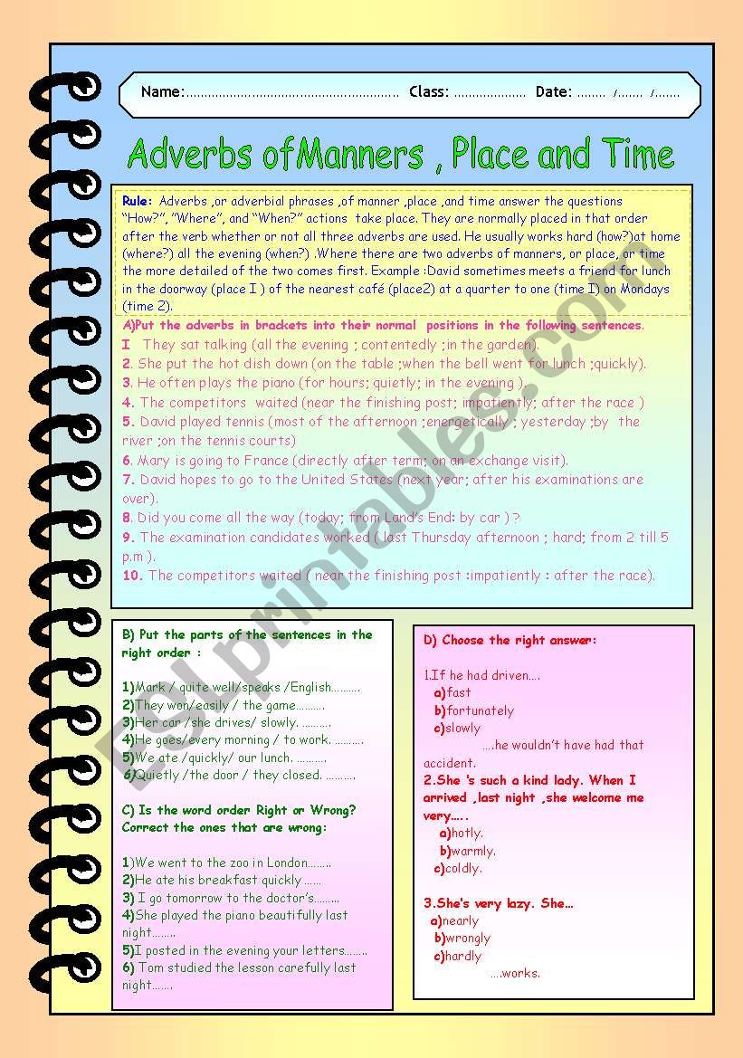 Adverbs Time Place Manner Worksheets
