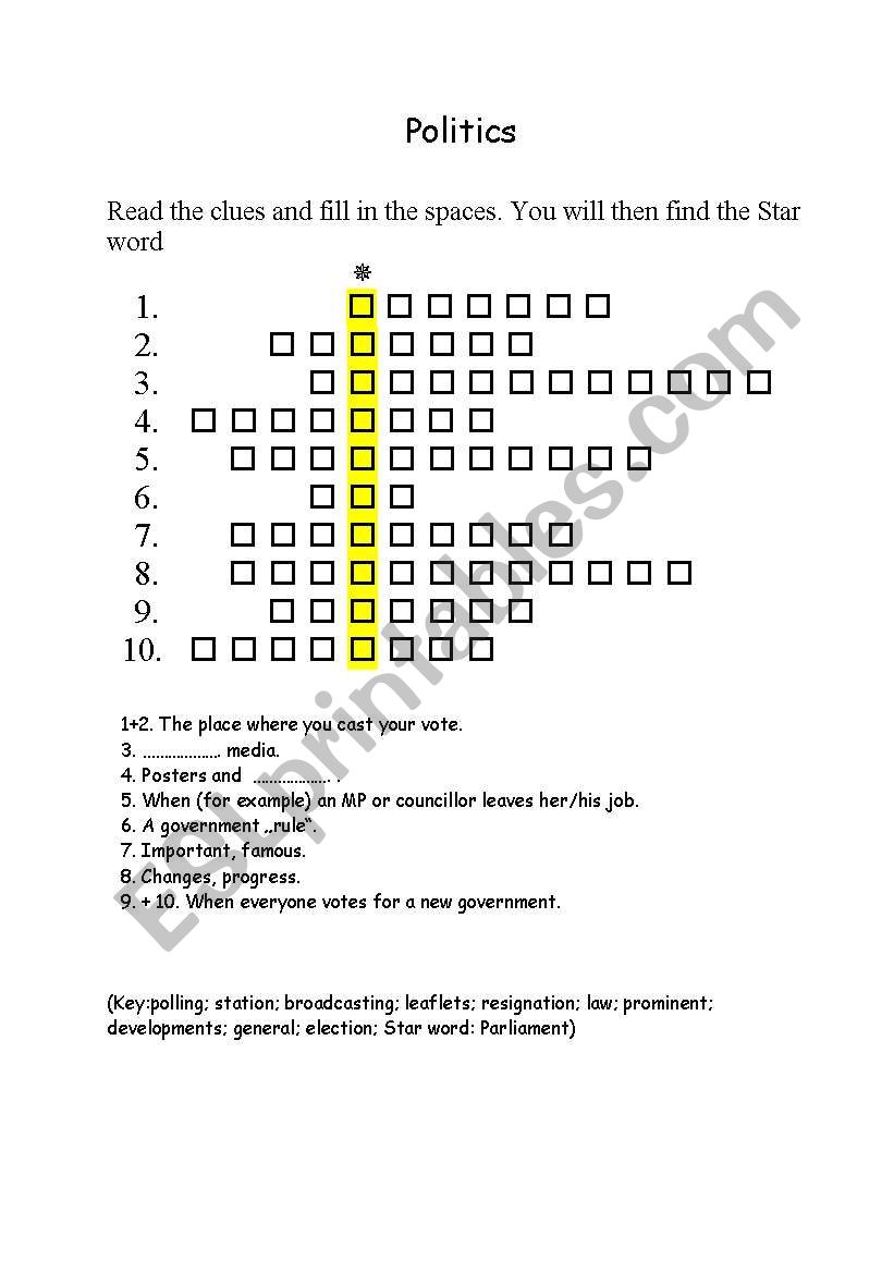 Politics crosswords worksheet
